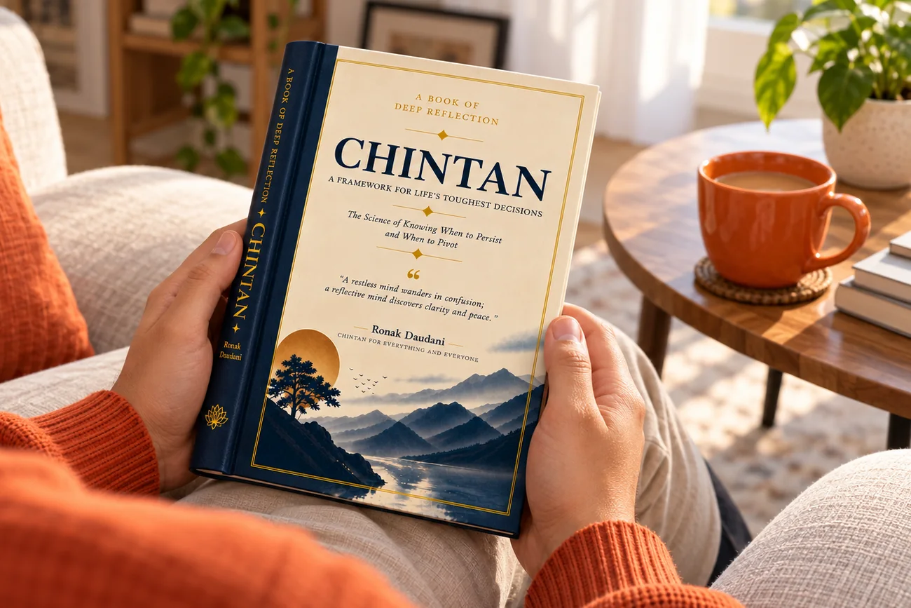 Reading CHINTAN on the sofa